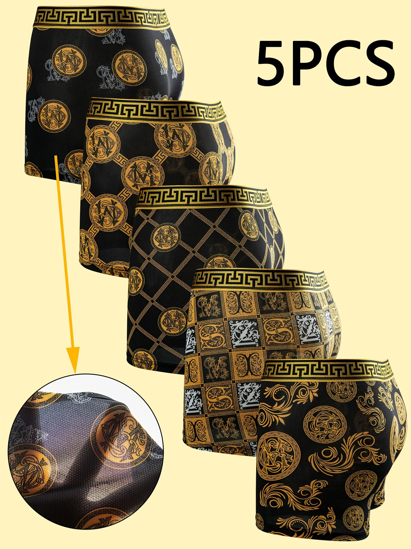 Set of Five High-Quality Men'S Flat Corner Underwear, Featuring Elastic Material, Perfect for Everyday Casual Wear with a Stylish Black And Golden Print