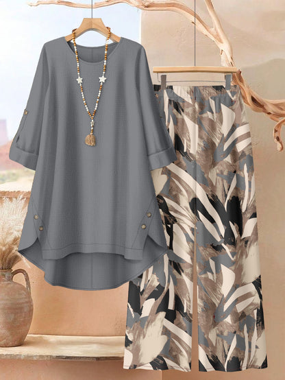 Plus Size, Plus Size - Plus Size - A Stylish 2pcs Outfit for Plus-Size Women Featuring an Asymmetrical Button-Up Top And Wide-Leg Pants with Artistic Prints, Perfect for Daily Elegance