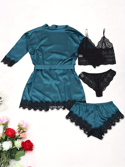 Women's Sleepwear, Home Clothes, Bathrobe 5pcs Set, Multi-color, No Pattern, Sexy, Solid Color, Contrasting Lace, No Lining, Belt, Adult Style, Comfortable and Breathable Fabric, Essential for Lovers to Save Money