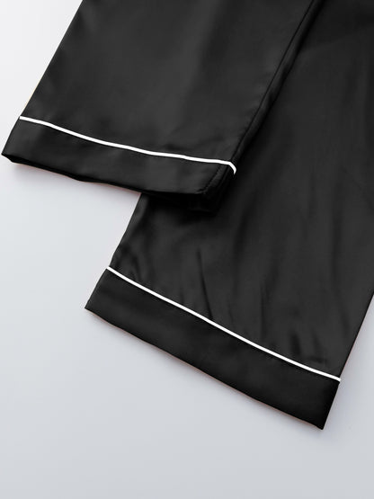 Women'S Solid Satin Casual Pajama Set, Short Sleeve Buttons Lapel Top & Shorts & Pants, Comfortable Relaxed Fit