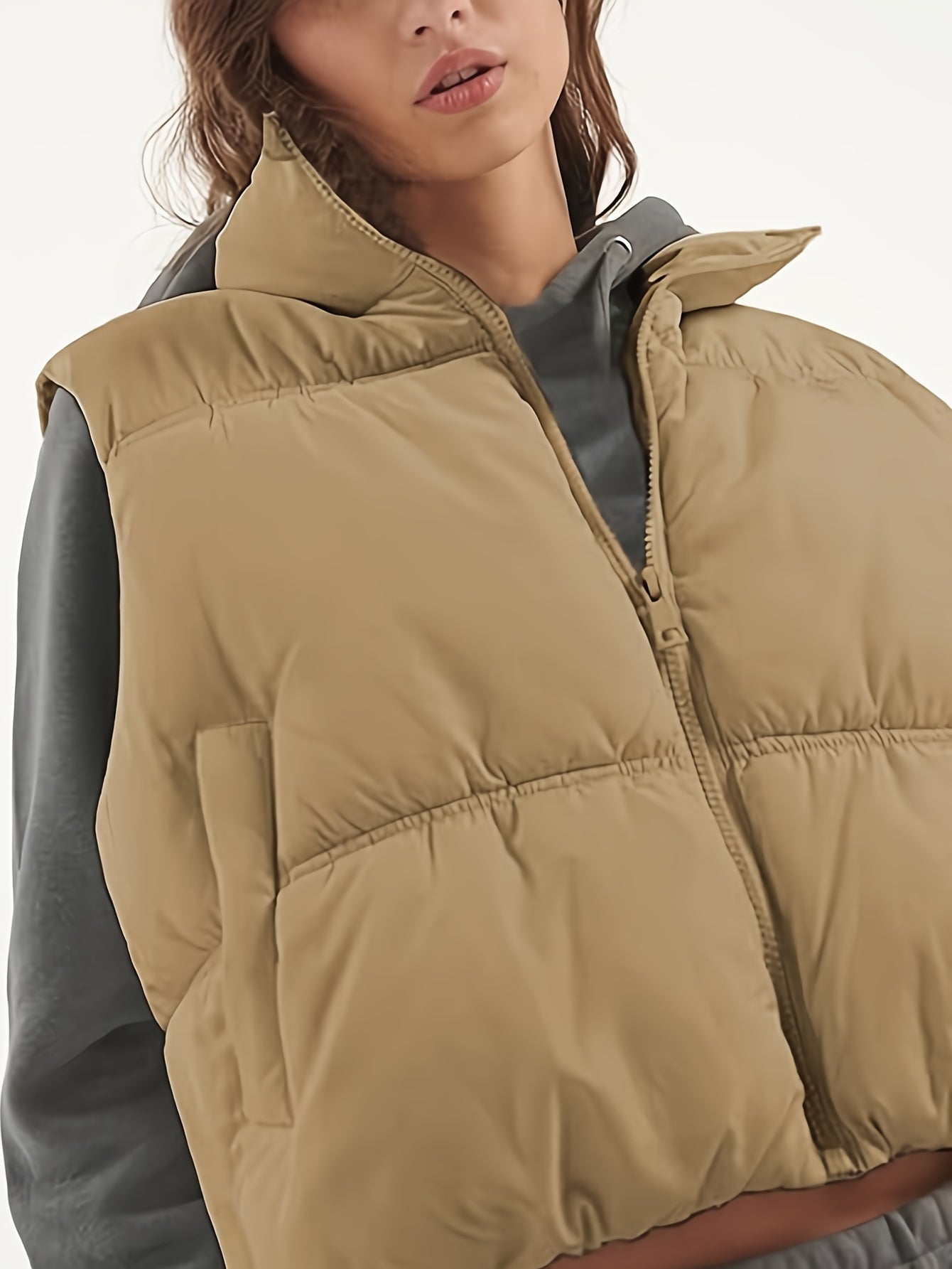Womens Cropped Vest Zip Up Stand Collar Sleeveless Padded Cropped Vest