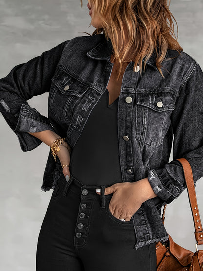 Women's Ripped Washed Button-Up Boyfriend Denim Jacket Coat with Pockets, Casual Classic Distressed Denim Outerwear TZ001