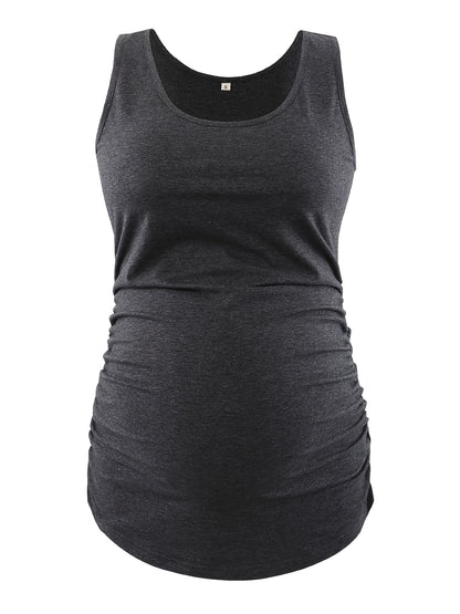 Women's Full Bump Coverage Maternity Tank Top - All-Stage Pregnancy Shirt with Side Ruching & Scoop Neck, Stretchy Rayon-Spandex Sleeveless Nursing Vest for Postpartum Wear, Breathable Belly-Friendly T-Shirt (No Chest Pads)