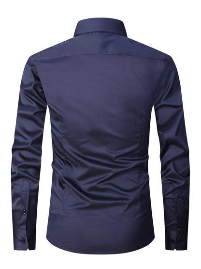 Men's Slim Fit Muscle Shirt - Stretch Polyester Blend Long Sleeve for Body Contouring | Glossy Solid Color Workout & Casual Shirt | Spring/Fall Gym-to-Street Wear (Hand Wash)