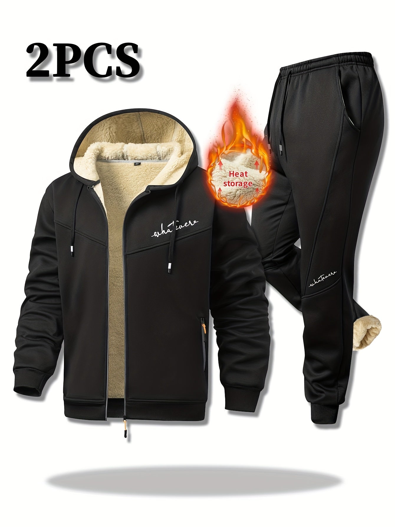 Men'S Winter Fleece Set: Zip-Up Hooded Thick Jacket with Sherpa-Lined Pants, Thermal Comfort, Zippered Pockets for Convenient Daily Wear, Embellished with Exquisite Embroidery