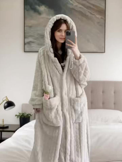 New Autumn And Winter Women's Hooded Coral Pajamas, Thickened And Flannel Home Sleep Dress, Bathrobe, Long Cute Sweet Home Wear Lazy Women's Robe, Can Be Worn Outside As Home Wear, Thickened Long Hooded Winter Robe for Women