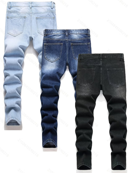 3pcs Of Jeans] Boys' Retro Distressed P'd Slim Fit Washed Denim Jeans, Boys' Casual Multi Piece Jeans, All Season Collectio