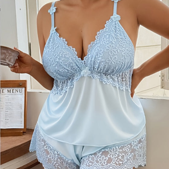 Summer Pajama Sets for Plus Sizes | Halter with Lace Details | 2pcss Set with Shorts And Camisole - Sweet And Sultry Lounge Wear, Breathable Lace And | Plus-Size 2pcss Halter Sets | Summer Shorts And Camisole - Chic Lounge Style