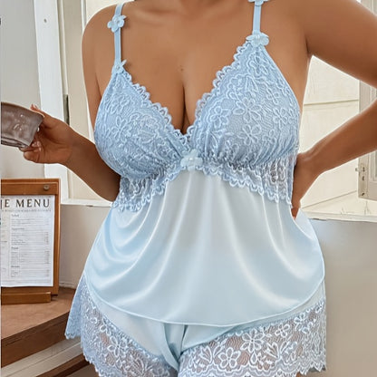 Summer Pajama Sets for Plus Sizes | Halter with Lace Details | 2pcss Set with Shorts And Camisole - Sweet And Sultry Lounge Wear, Breathable Lace And | Plus-Size 2pcss Halter Sets | Summer Shorts And Camisole - Chic Lounge Style