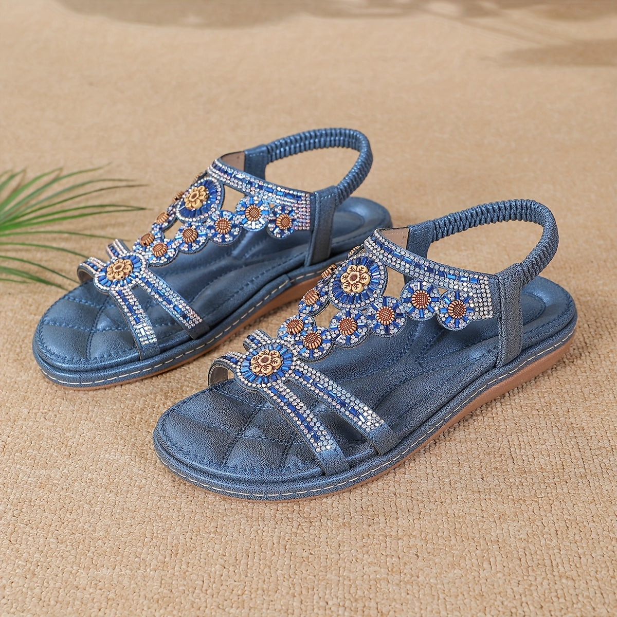 Women's Bohemian Rhinestone Jane Sandals - Slip- Open-Toe Flat with Elastic Strap, Low Heel & TPR Sole Suitable for Beach, Casual, - - Wearable (Low-Heel), Women Shoes