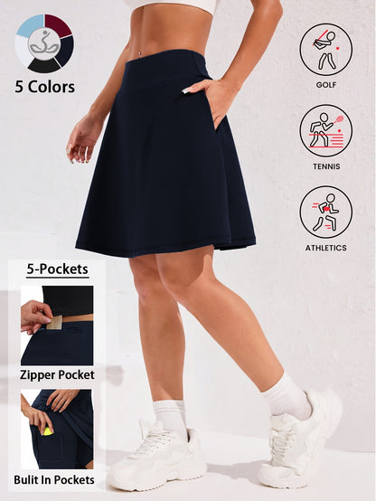 20-Inch Knee-Length Skorts for Women Featuring Five Pockets, High-Waisted Design, Suitable for Tennis And Golf, Long Athletic Skirt with Built-In Shorts