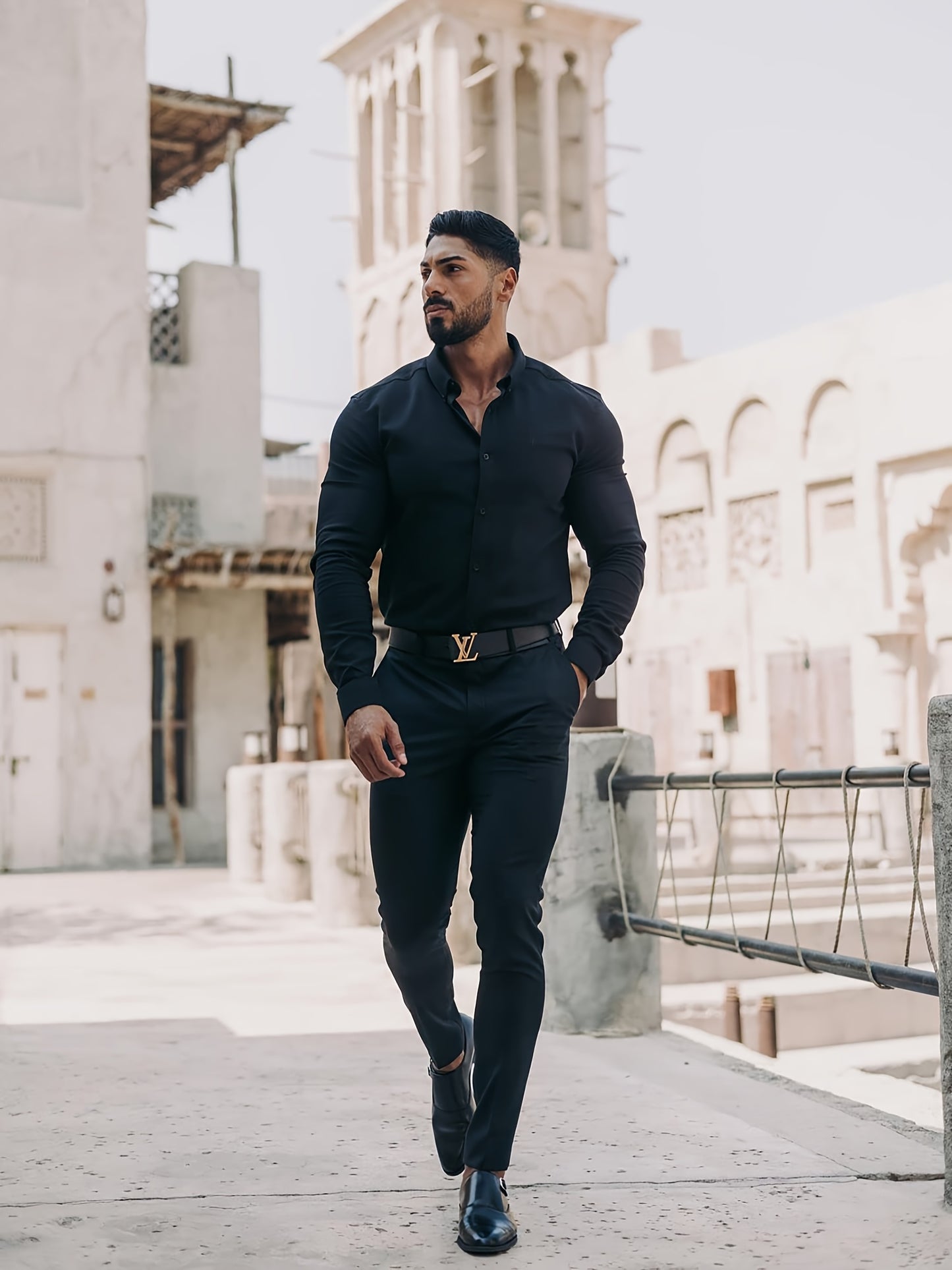 URRU Men's Muscle Fit Slim Stretch Dress Shirt - 4-Way Stretch Fabric (65% Rayon/25% Nylon/10% Spandex), Square Collar, Long Sleeve Button- Casual Shirt for All-Season Wear, Machine Washable Solid Color, Versatile Menswear, Classic Collar Design