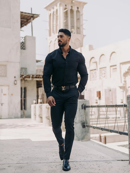 URRU Men's Muscle Fit Slim Stretch Dress Shirt - 4-Way Stretch Fabric (65% Rayon/25% Nylon/10% Spandex), Square Collar, Long Sleeve Button- Casual Shirt for All-Season Wear, Machine Washable Solid Color, Versatile Menswear, Classic Collar Design