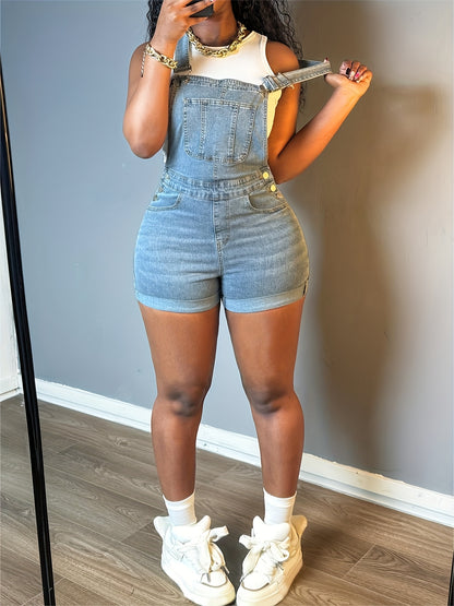 Women Solid Color Slim-fit Jeans Casual Button Trim Denim Romper Pockets Sleeveless Denim Romper