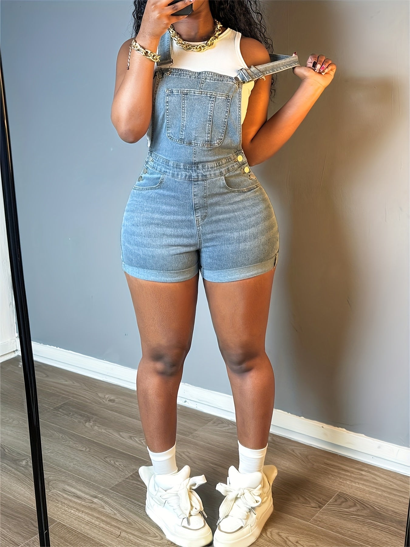 Women Solid Color Slim-fit Jeans Casual Button Trim Denim Romper Pockets Sleeveless Denim Romper