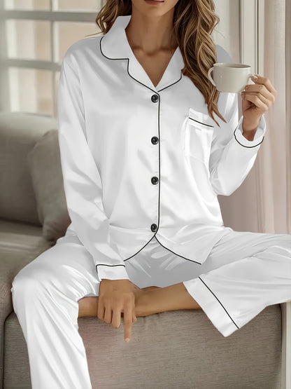 Women's Satin Casual Comfortable 1 Set 2pcs Pajama Outfit, Turn- Collar Long Sleeve Top & Elastic Waistband Trousers Women's Sleepwear