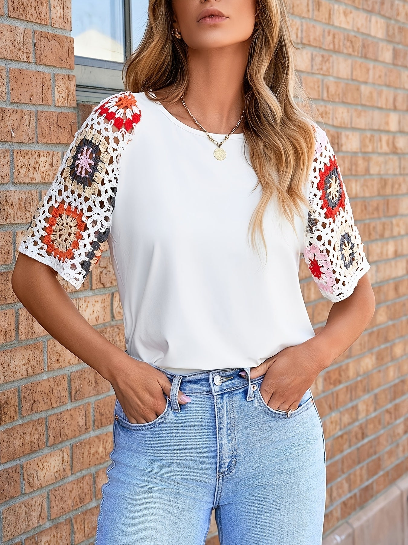 White Floral Crochet Short Sleeve Top