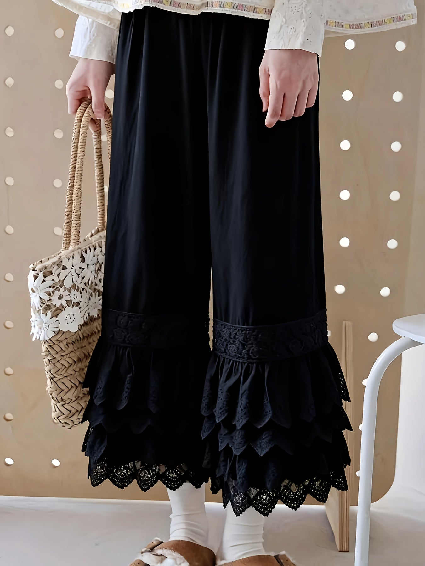 1pc Pants - Women's Large Size Spring And Summer New Sweet Four Layers Of Lace Stacking Bottoms Liner Pants Wide-legged Dress Pants, Super Suitable for Wearing As The Bottom Of The Skirt, Soft And Comfortable Pajama Pants