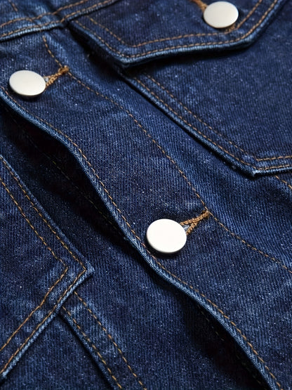 1pc Men'S Casual Denim Jacket, 80% 20%, Solid Color, Lapel Collar, Non-Stretch Woven Fabric, Regular Fit with Pockets