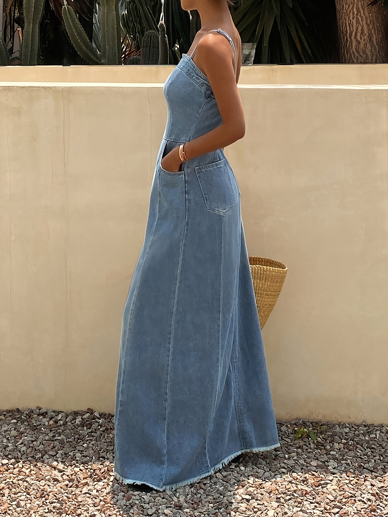 Vintage Washed Denim Maxi Dress for Women Sleeveless Long Jean Dress with Relaxed Non-Stretch Fabric, Casual Boutique Outfit for Spring Fall