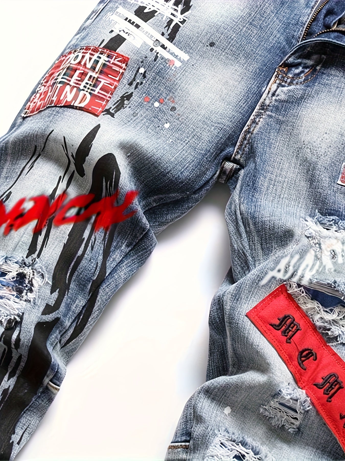 Men's Slim Fit Straight-Leg Distressed Jeans - Vintage Washed Denim with Embroidered Slogans & Patches, Stretch Comfort, Machine Washable, All-Season Streetwear Style