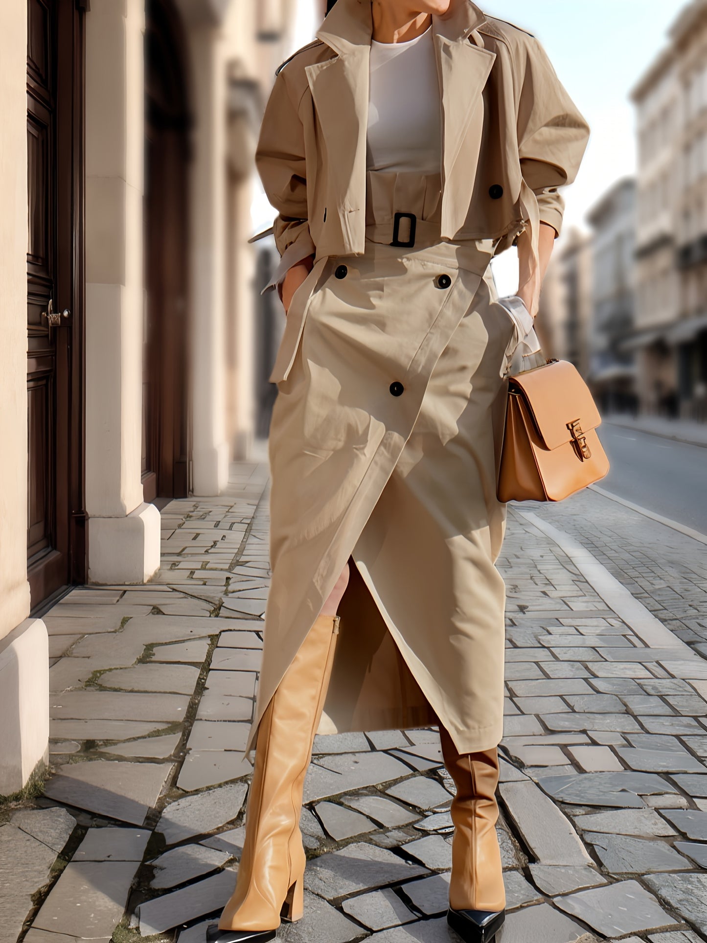 [Level 1 Directional] Women'S Casual Solid Color Suit Collar Jacket And High Waist Skirt Two-Piece Set, Fashionable And Versatile Long-Sleeved Jacket And Work Skirt Set, Free Belt