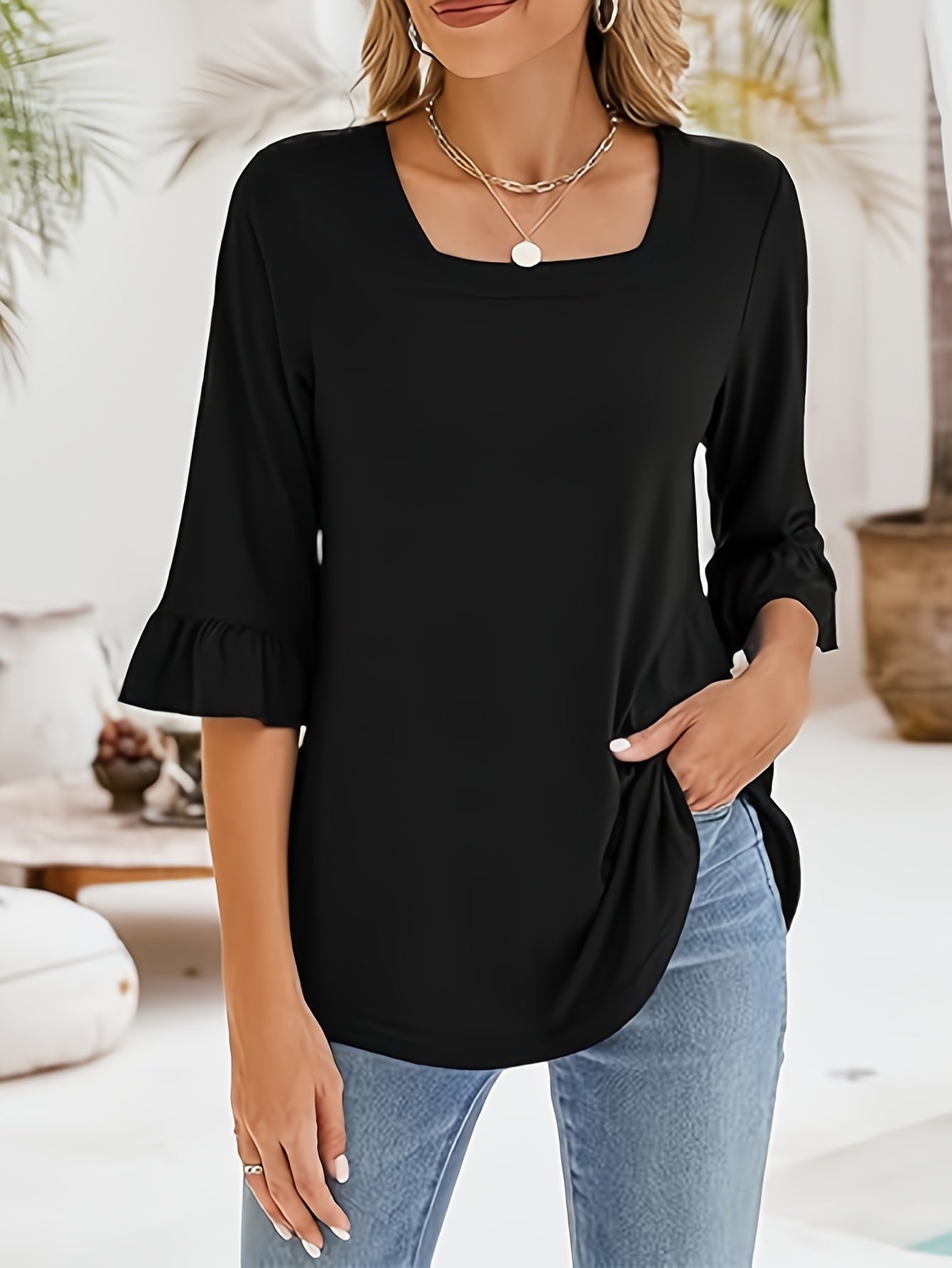 Women'S Casual Chic 3/4 Sleeve Square Neck Ruffle Hem T-Shirt - Soft Peach, Loose Fit, Machine Washable, Perfect for Casual Attire, Blouse with Elegant Ruffle Hem