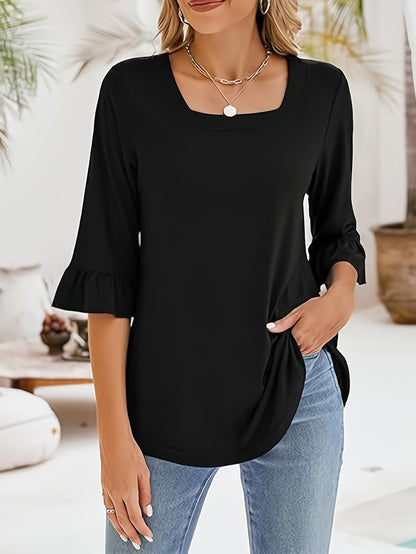 Women'S Casual Chic 3/4 Sleeve Square Neck Ruffle Hem T-Shirt - Soft Peach, Loose Fit, Machine Washable, Perfect for Casual Attire, Blouse with Elegant Ruffle Hem