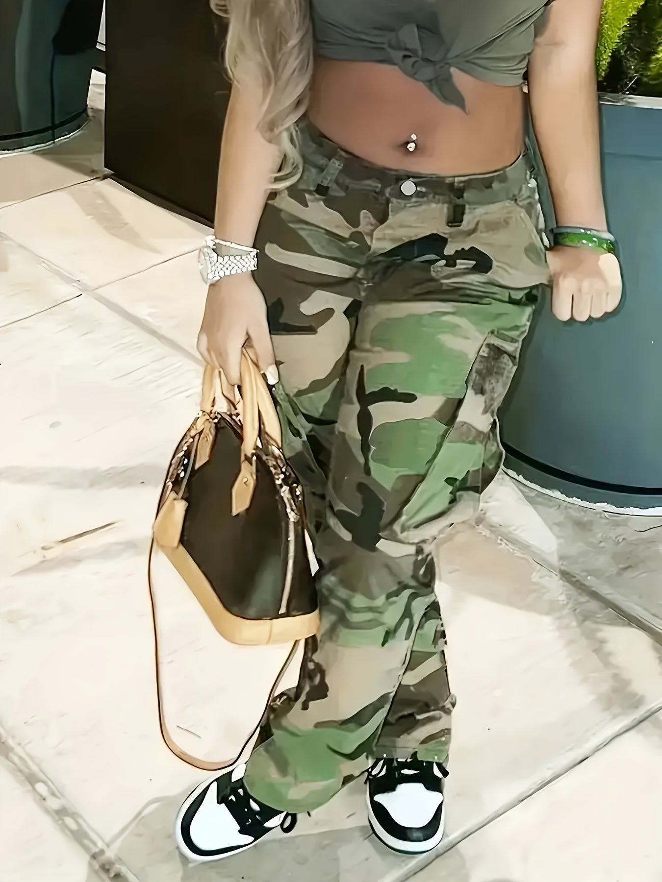 Plus Size Women'S High Waist Camo Utility Pants 1XL To 6XL Casual Wide Leg Trousers Green Camouflage Side Pocket Cargo Style Daily Commute Travel Versatile