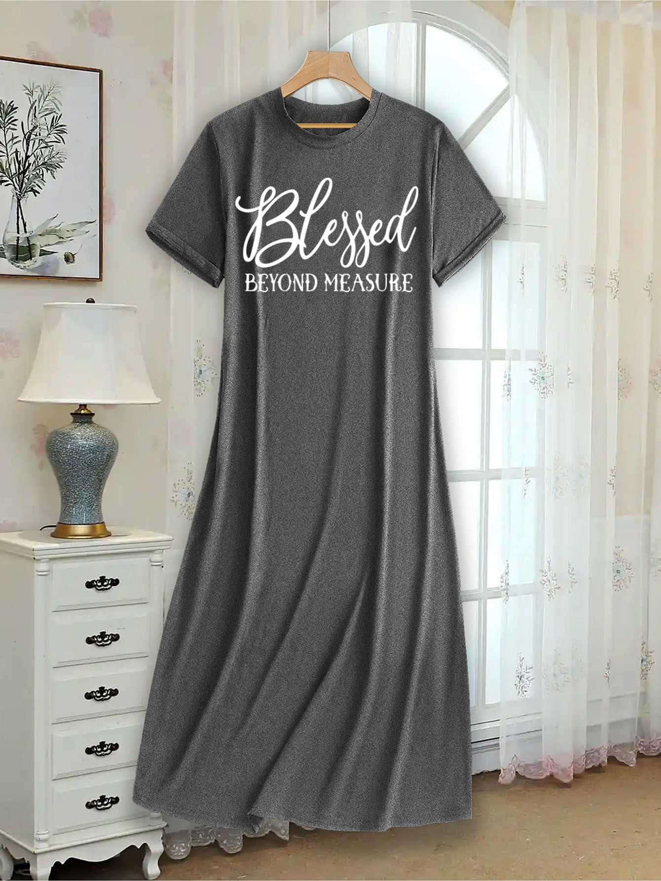 Overseas Heat-transfer Print, Simple Casual Style Blessed Printed Letter Dress| An Ideal Choice for Valentine's Day and Other Holidays, the 2024 New Summer Women's Loose, Comfortable, Versatile Short-sleeve T-shirt Dress Is Suitable for Commuting, Ho