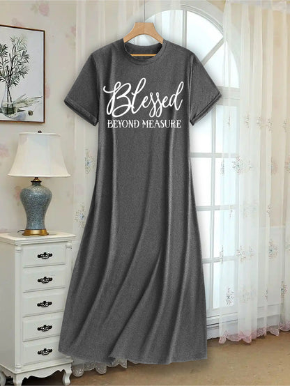 Overseas Heat-transfer Print, Simple Casual Style Blessed Printed Letter Dress| An Ideal Choice for Valentine's Day and Other Holidays, the 2024 New Summer Women's Loose, Comfortable, Versatile Short-sleeve T-shirt Dress Is Suitable for Commuting, Ho