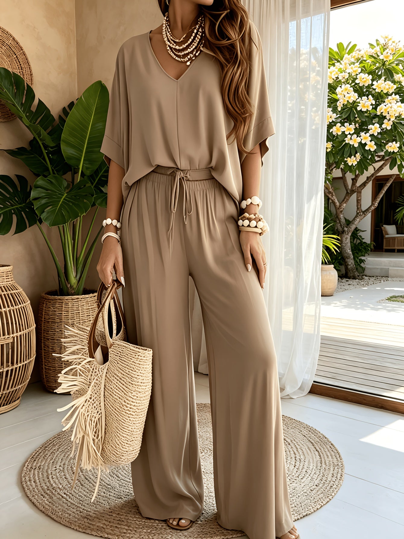Women'S 2pcs V-Neck Wide Leg Pants Set - Boho Short Sleeve Loose Top & Drawstring Waist Outfit, Summer Beach Loungewear For Vacation, Perfect For Holiday And Daily Wear