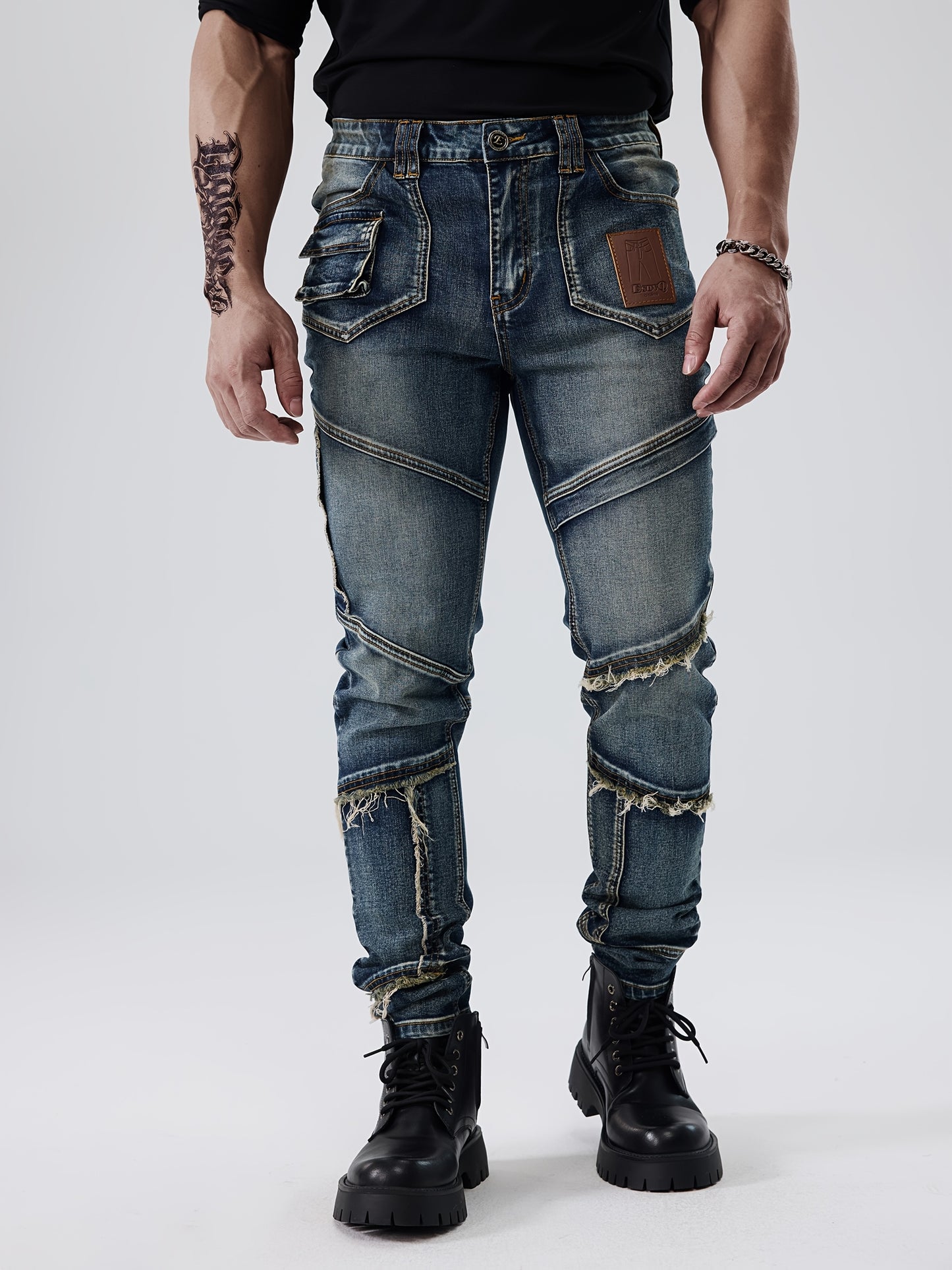 ESDVQ Men's Fashion Patchwork Vintage Washed Jeans - Slim Fit, Stretch Denim with Pockets, Casual Style, Machine Washable - Dark Blue with Light Blue & Black Accents