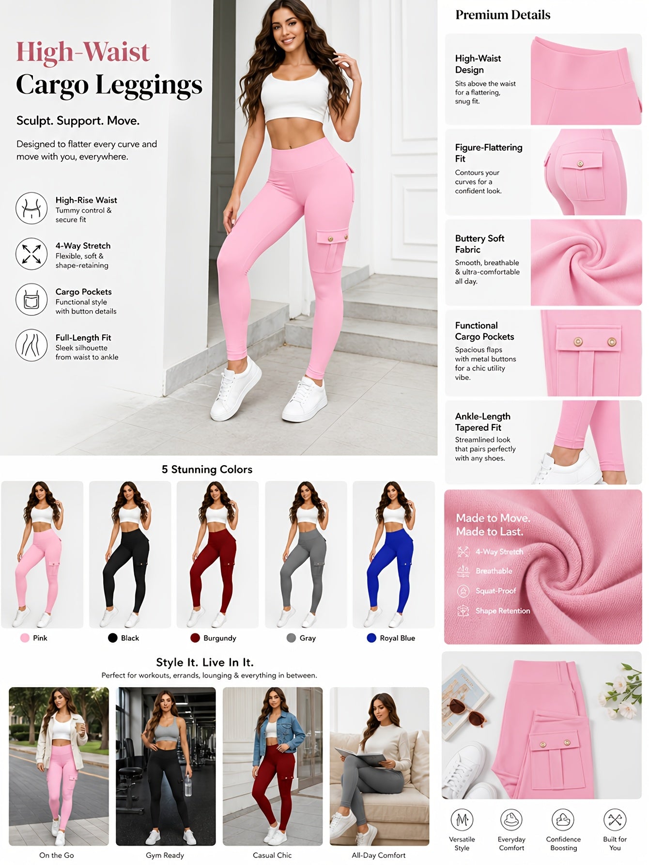 5 Pack Womens High Waist Yoga Leggings 4 Button Large Pockets Tummy Control Slim Fit 4 Way Stretch Soft Breathable Non Restrictive Sports Workout Leggings Great Value Multipack for Gym Running Training Daily Wear Fast Local Warehouse Delivery