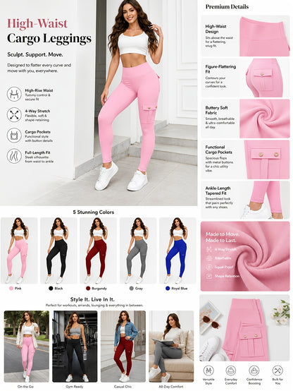 5 Pack Womens High Waist Yoga Leggings 4 Button Large Pockets Tummy Control Slim Fit 4 Way Stretch Soft Breathable Non Restrictive Sports Workout Leggings Great Value Multipack for Gym Running Training Daily Wear Fast Local Warehouse Delivery