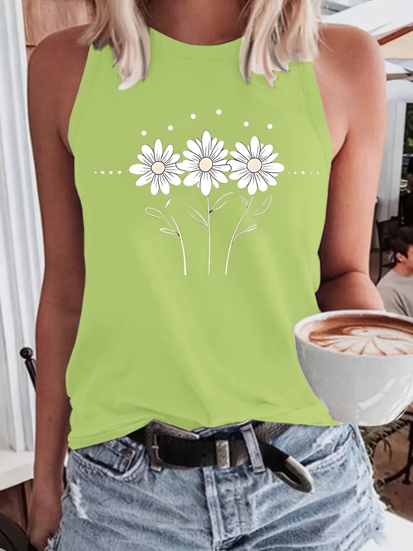 [Lightweight Summer Tops] Flower Pattern Print Crew-Neck Vest, Casual Sleeveless Women's Tops, Lightweight And Breathable, Suitable For Summer And Spring, Women's Clothing