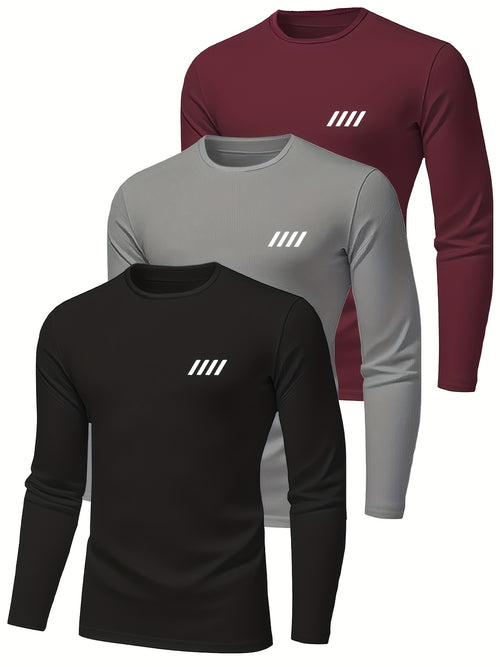 [Casual T-Shirts] 3pcs Men's Casual Crew Neck Long Sleeve T-Shirts | 100% Polyester Knit Fabric, Slight Stretch, Basic Style with Print Design