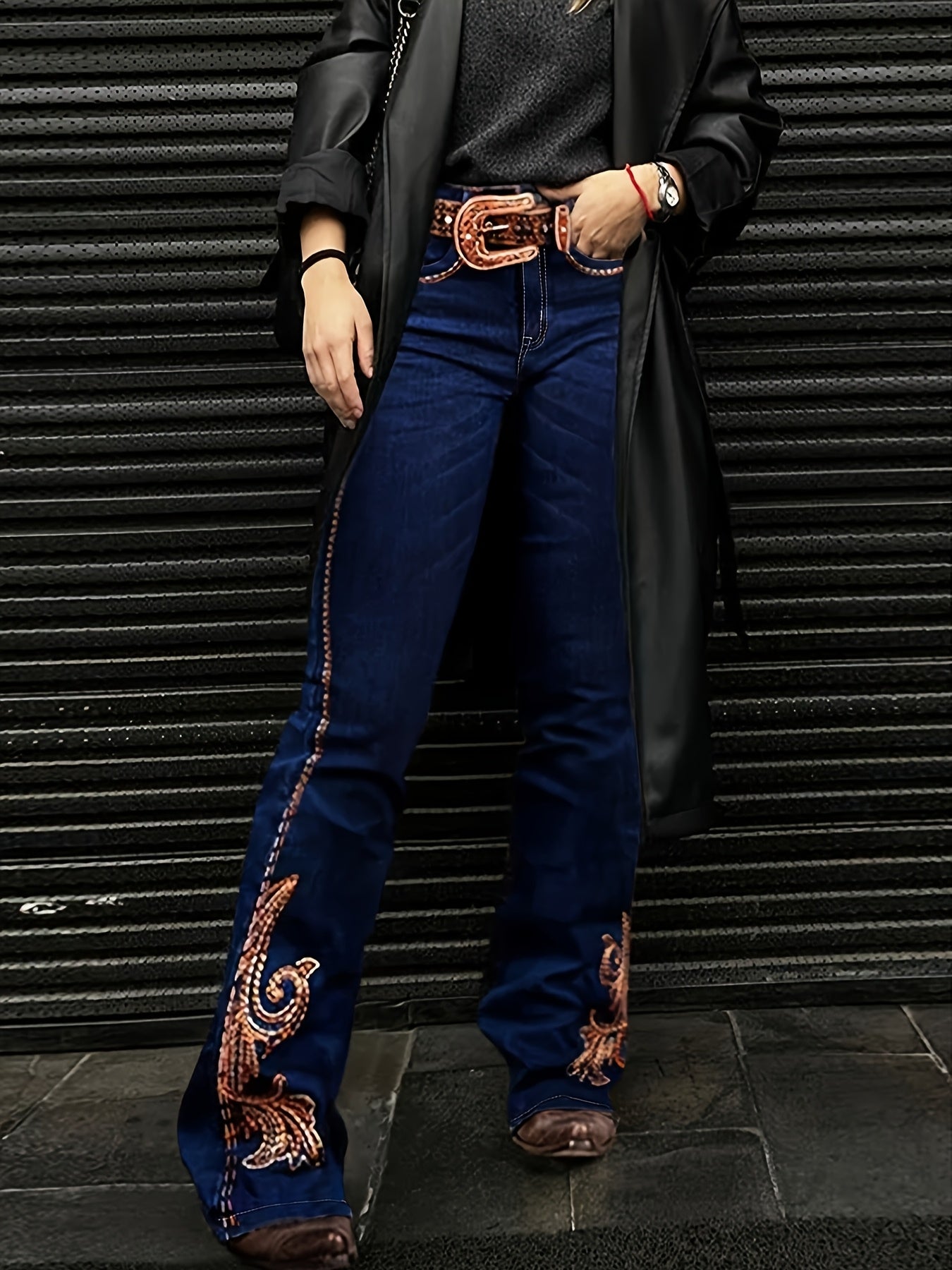 Women's Embroidered Bell-Bottom Stretch Mid to High Waist Blue Jeans