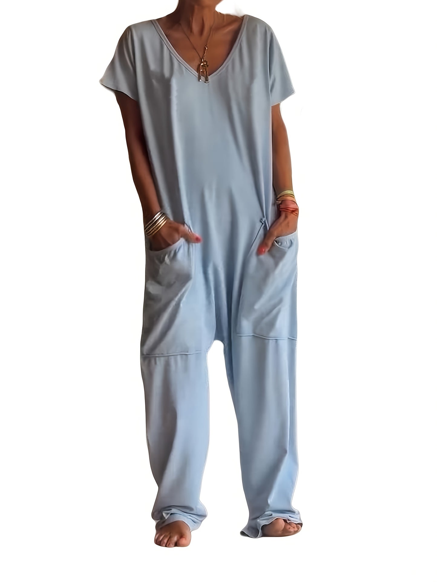 Plus Size - Plus Size - Women'S Solid Color Casual Baggy Pocket Romper