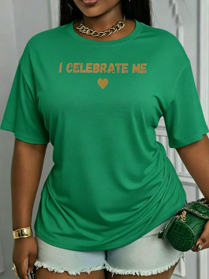 Plus Size - Fun I CELEBRATE ME, Heart Printed Women'S Plus Size T-Shirt, Cute Casual Outdoor Spring Summer Style, Holiday Party Wear, Loose Fit for Comfort, Women'S Printed Short Sleeve Plus Size T-Shirt Top