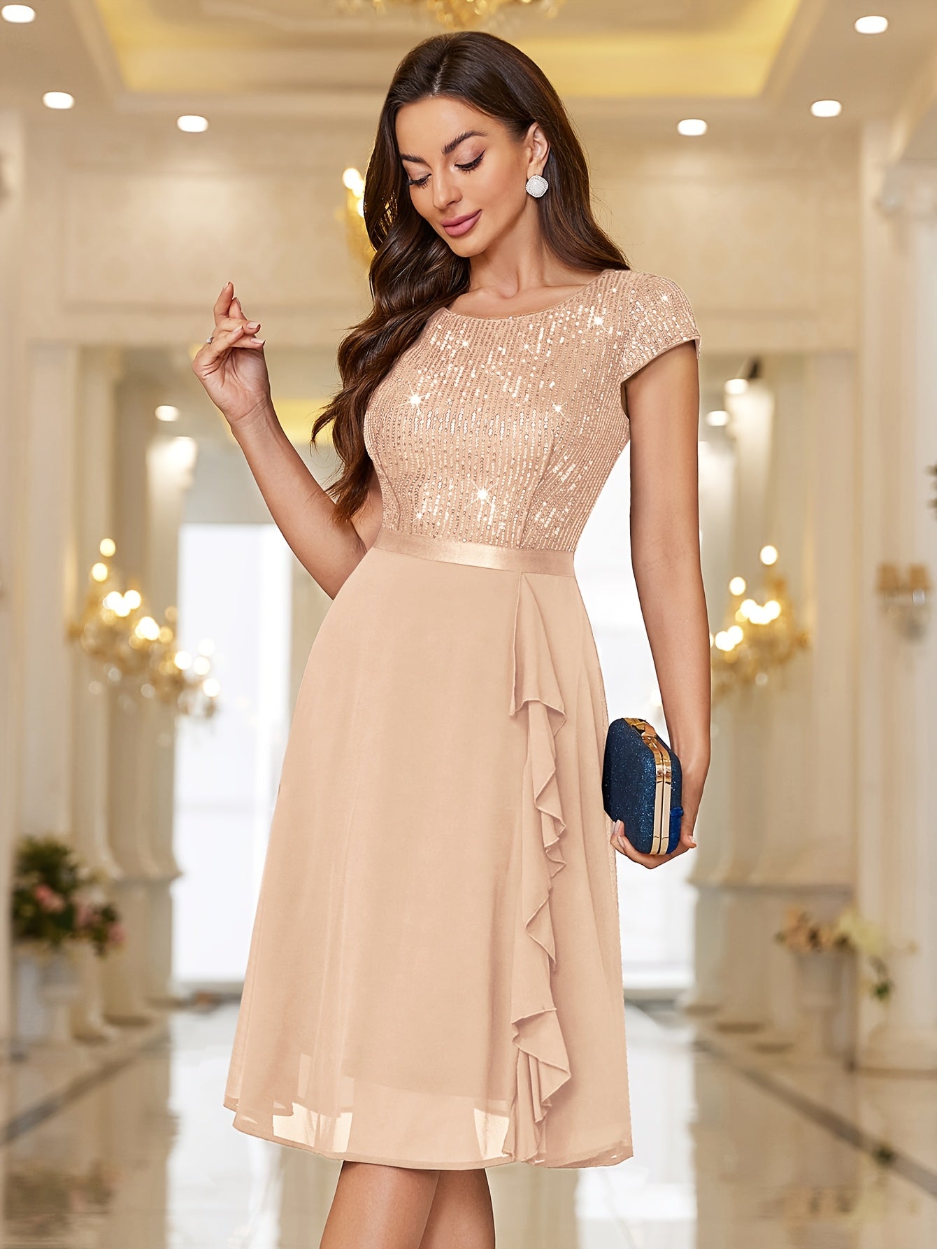 Y82016 Elegant Women's Glitter Sequin Chiffon A-Line Bridesmaid Dress with Cap Sleeves & Ruffled Hem - Sparkling Wedding Party Dress for Bridesmaids, Prom, Birthday, Formal Evening Gown - Machine Washable Chiffon