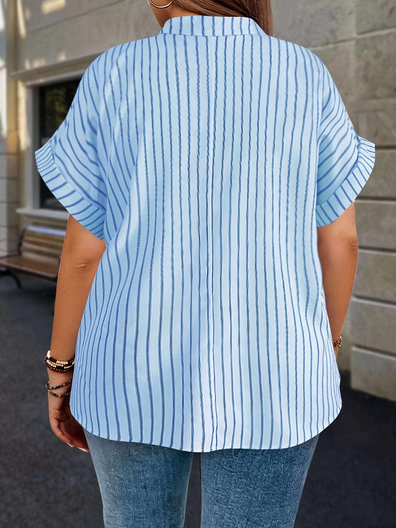 Plus Size, Striped Notch V-Neck Shirt with Faux Buttons Short Sleeve Simple and Plus-Size for Women Casual Top