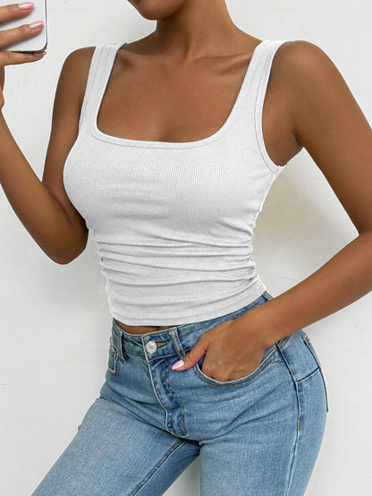 4pcs Beautiful Back Threaded Vest | Women'S Fitted Solid Color Crew Neck Sleeveless Pullover Bottoming Shirt for Spring and Autumn, High Stretch Fabric, Casual Wear