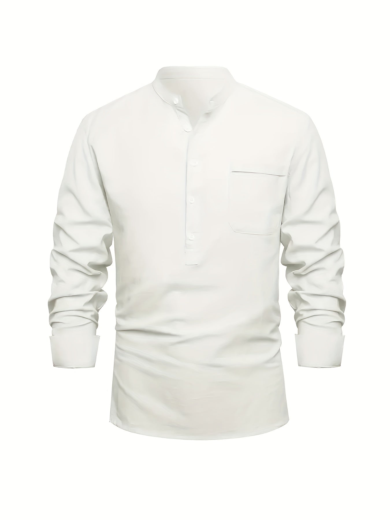 Plus Size Men'S Solid Shirt, Casual Breathable Half Button Cotton Blend Stand Collar Long Sleeve Shirt For Outdoor Activities, Men'S Clothing