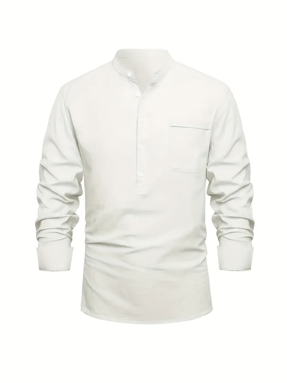 Plus Size Men'S Solid Shirt, Casual Breathable Half Button Cotton Blend Stand Collar Long Sleeve Shirt For Outdoor Activities, Men'S Clothing