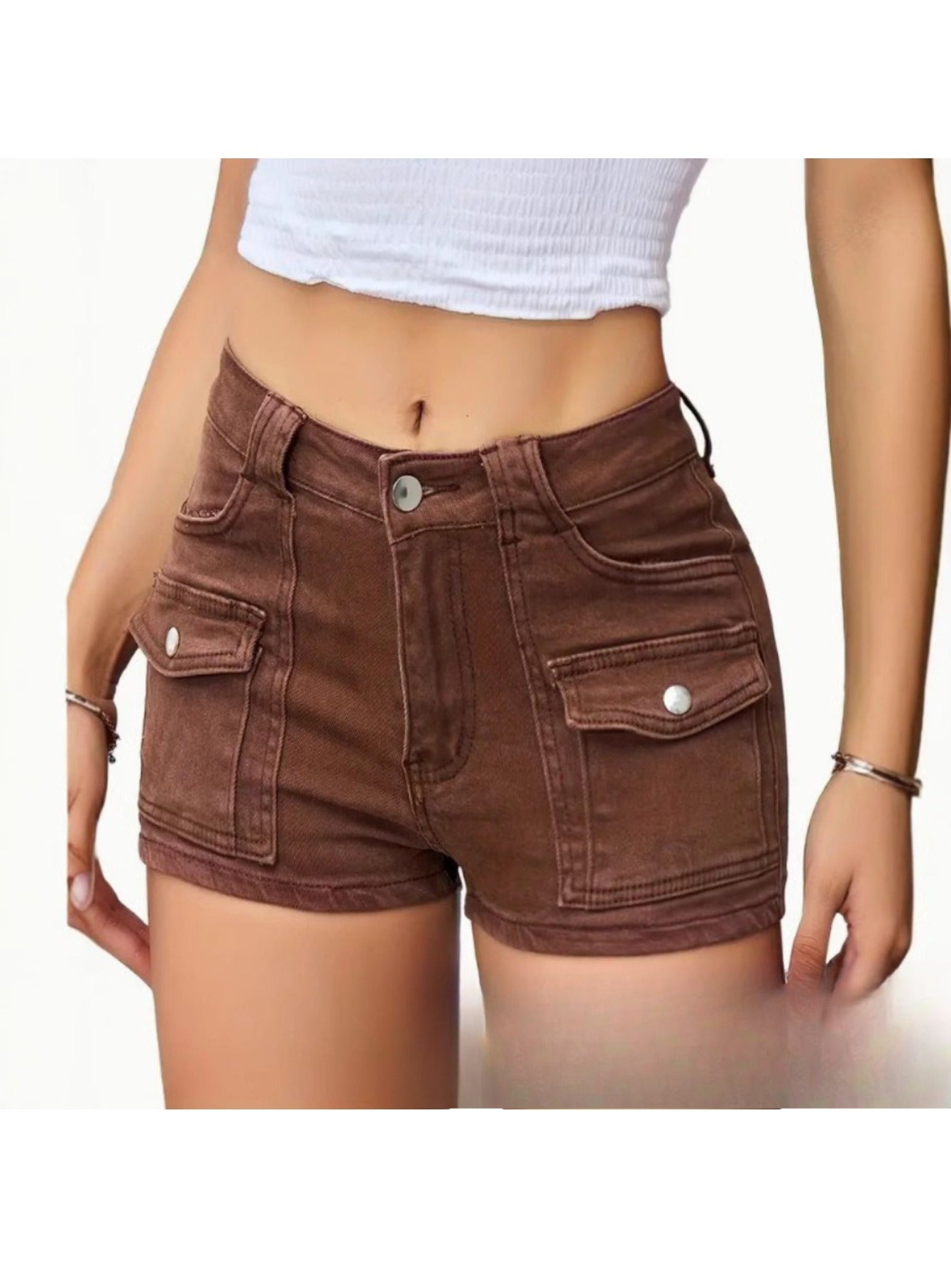 Elastic Multi-Pocket Denim Shorts with a High-Waisted Design for Women, Perfect for Casual Summer Wear
