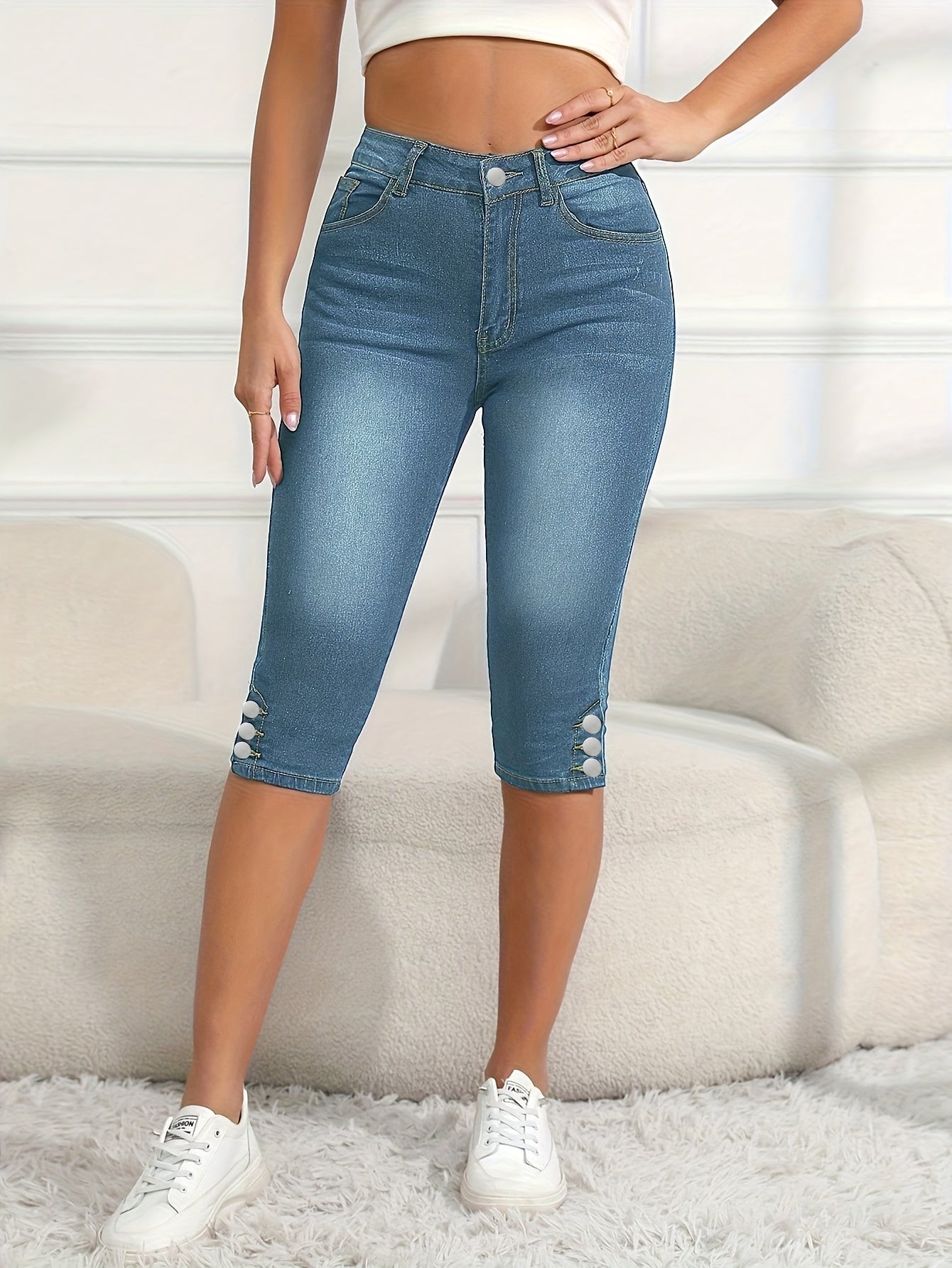Women's Cropped Elastic Denim Mid Length Pants with Button Closure And Functional Pockets, Casual Style Cut Jeans, Comfortable for Daily Use