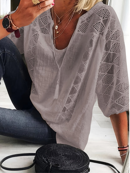 Plus Size - Plus Size - Plus Size Women'S 3/4 Sleeve Lined Tunic Top - Light Gray V-Neck Casual Loose Fit Shirt with Geometric Eyelet Detailing, High-Quality Autumn Tee for Layering Or Standalone Outfits, L-5XL
