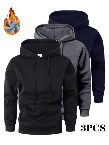 3pcs Men's Thick Hooded Sweatshirts in Solid Color - Casual & Sporty Pullover Hoodies, Long Sleeve, Loose Fit, Machine Washable for Fall & Winter