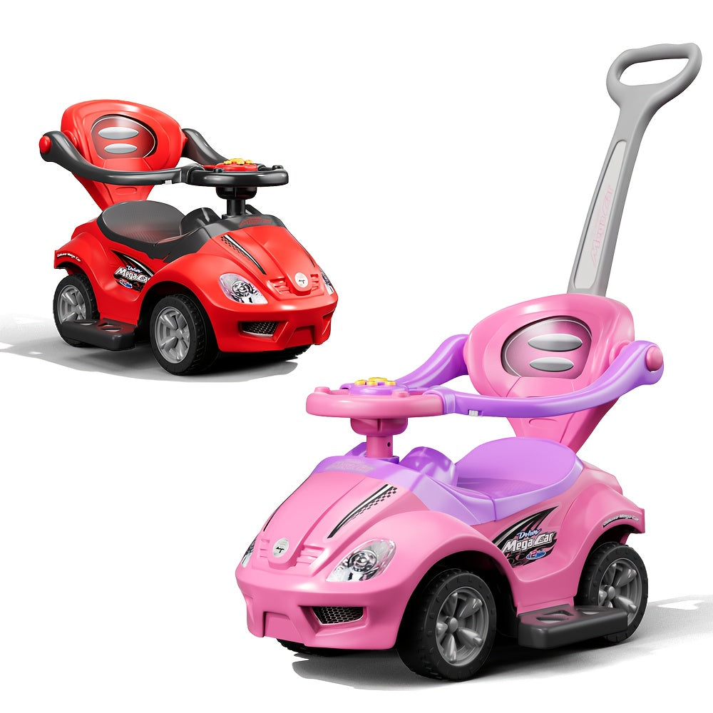 3-in-1 Children's Toy Stroller - Ride-On Walker & Push Cart with Multi-Function Steering Wheel & Music Player, Detachable Push Handle, Safety Handrails, Multiple Storage Spaces. Multiple Ways to Play to Prevent Idleness - Red/